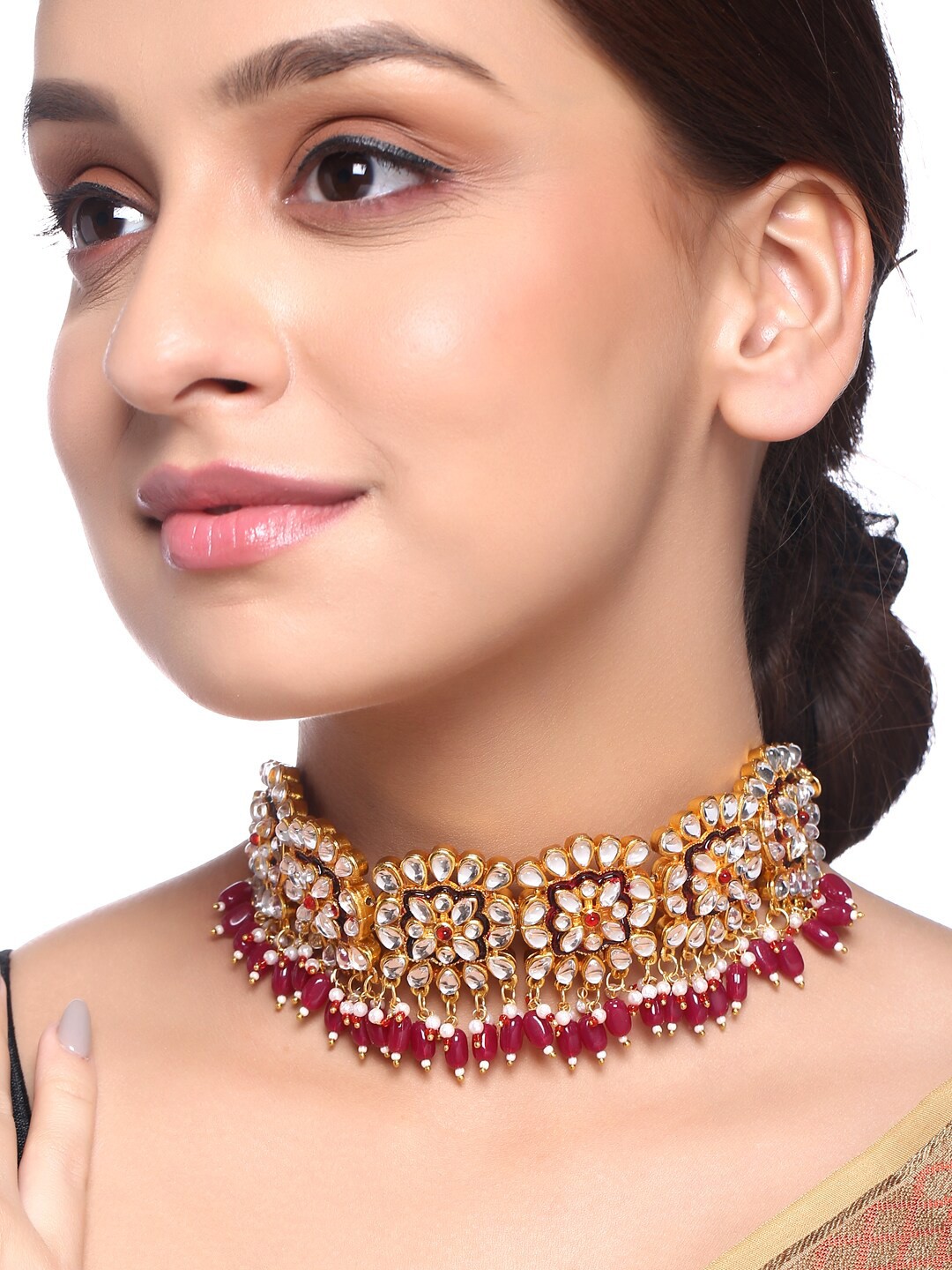 

Yellow Chimes Women Pink & Gold Gold-Plated Ethnic Handcrafted Kundan Necklace Set