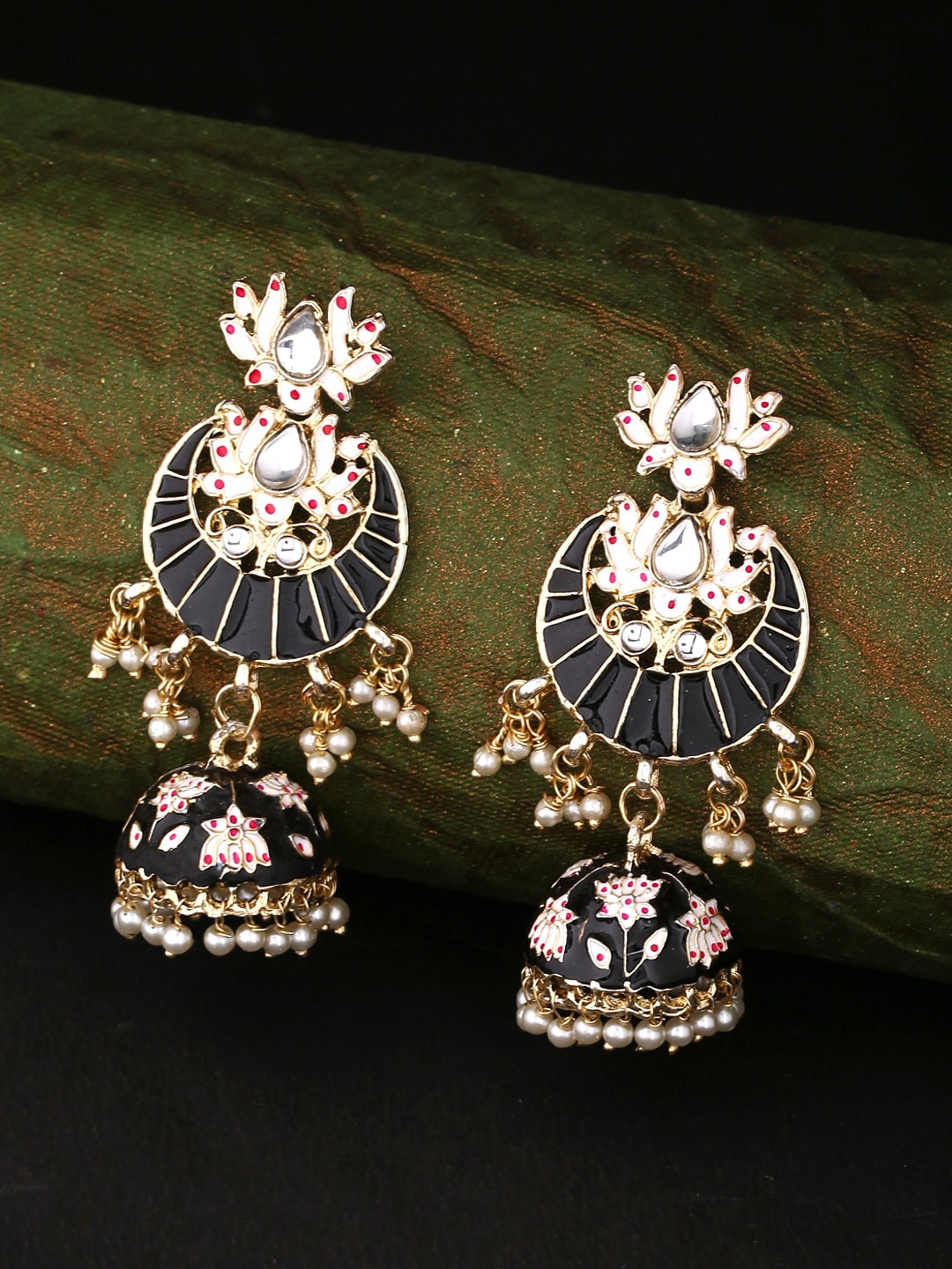 

Yellow Chimes Black Meenakari Jhumka Earrings