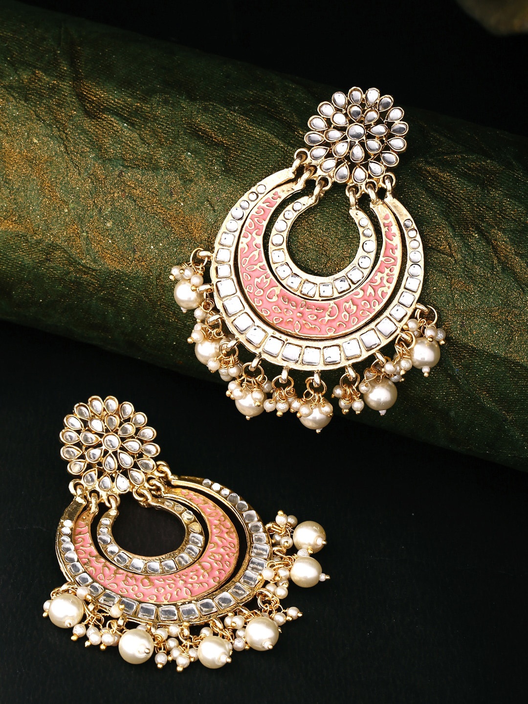 

Yellow Chimes Peach-Coloured Meenakari Chandbalis Earrings