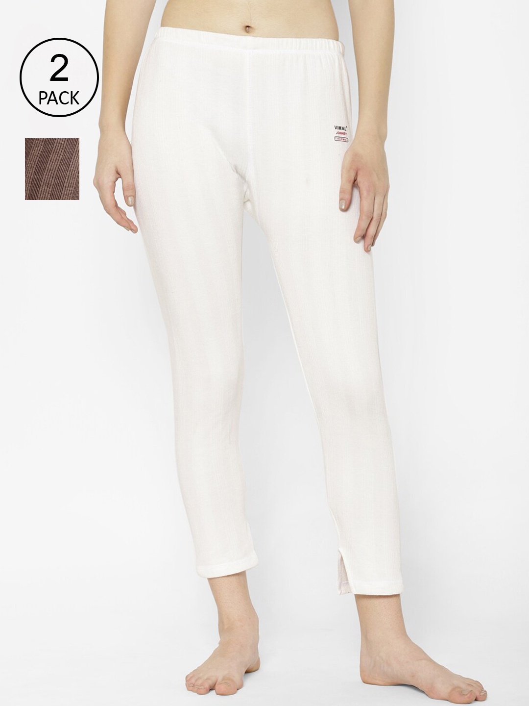 

VIMAL JONNEY Women Pack Of 2 Striped Thermal Bottoms, White