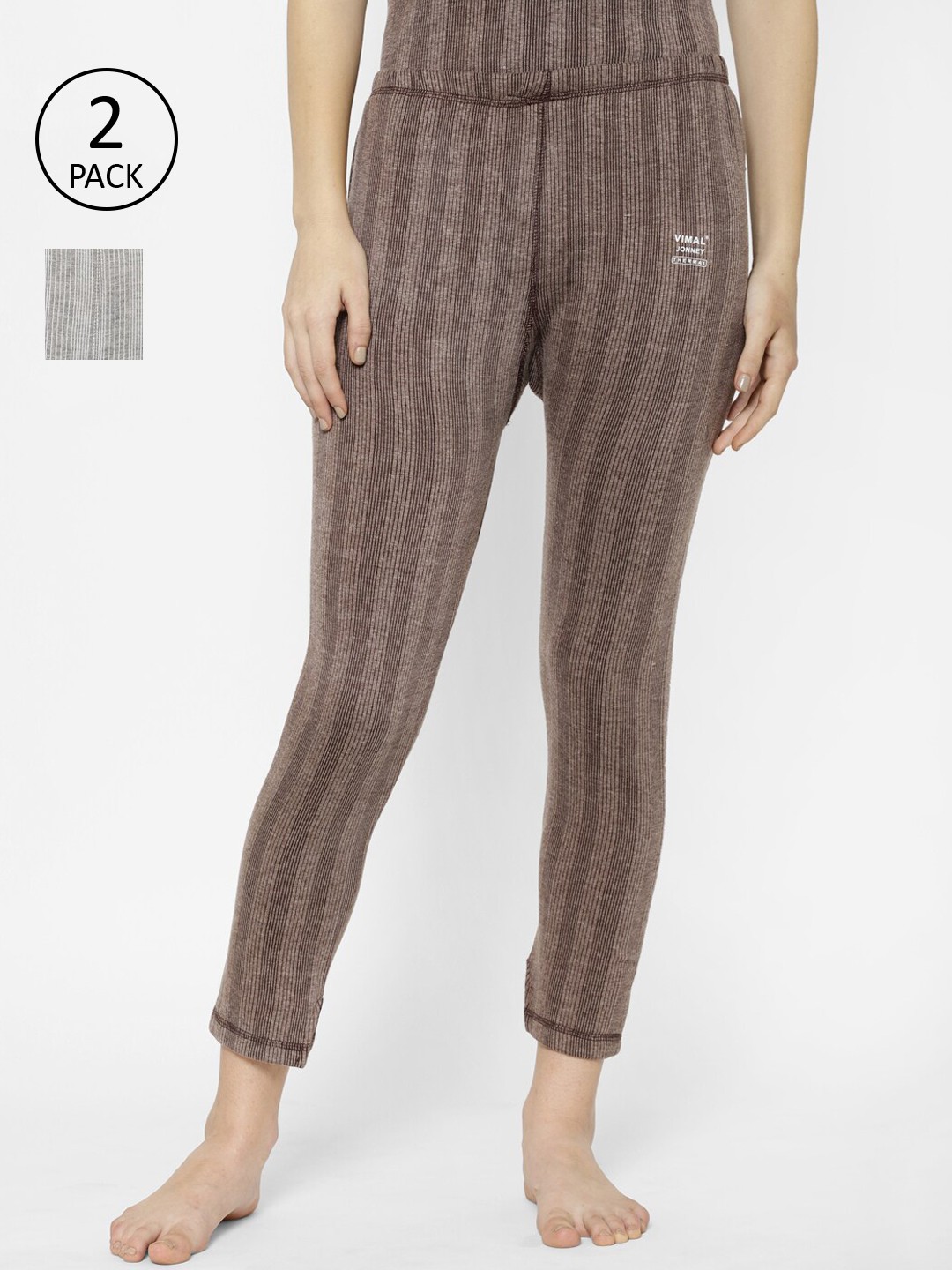 

VIMAL JONNEY Women Pack Of 2 Striped Thermal Bottoms, Brown