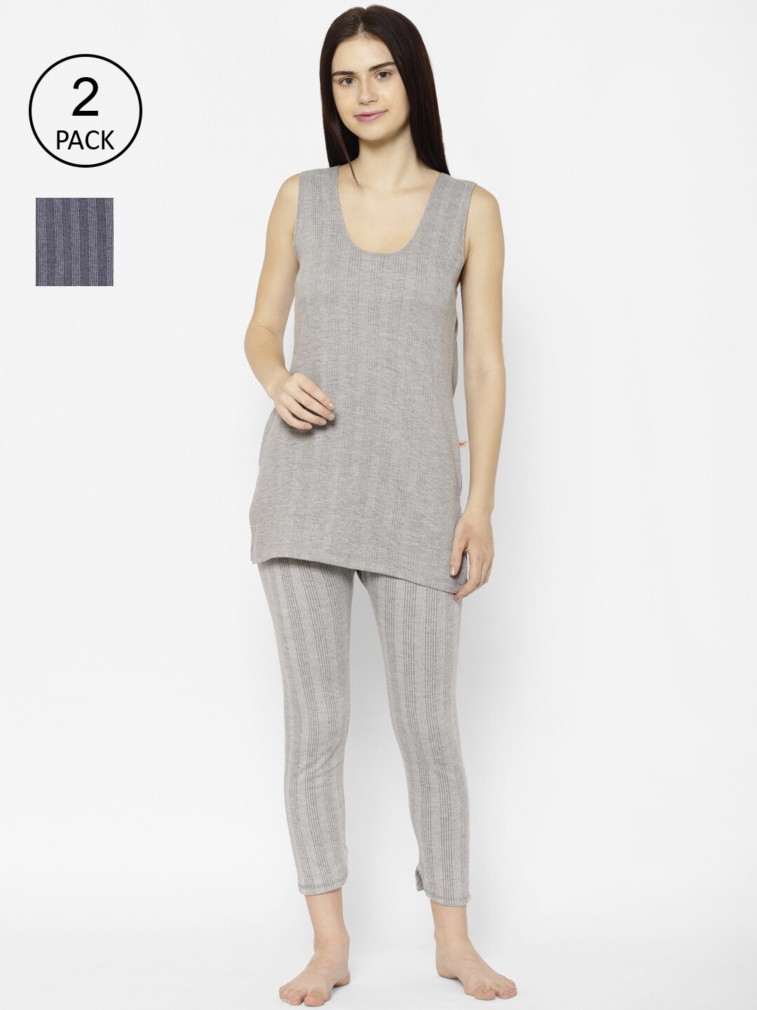 

VIMAL JONNEY Women Pack Of 2 Striped Thermal Set, Grey