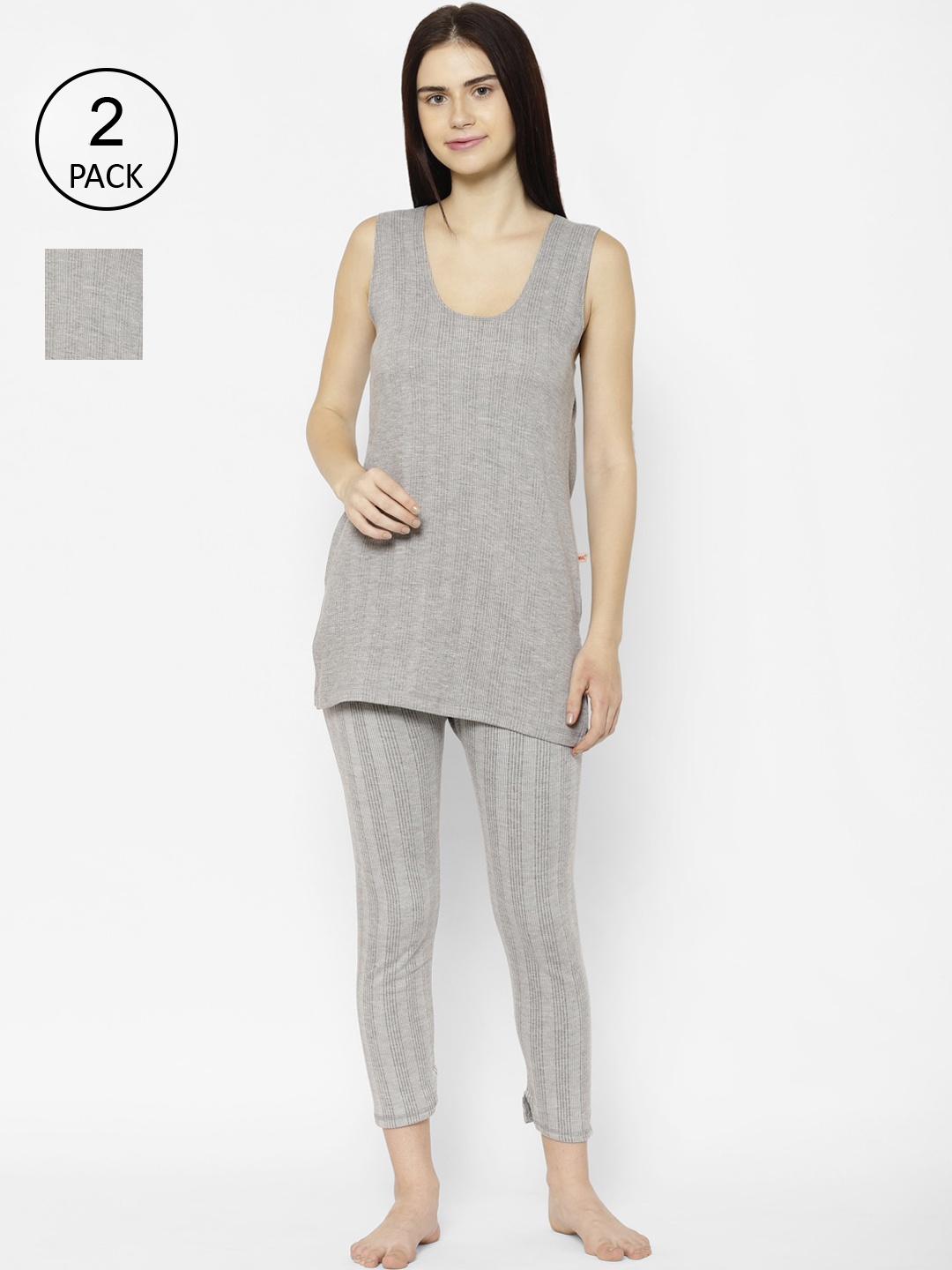 

VIMAL JONNEY Women Pack Of 2 Grey Striped Thermal Set