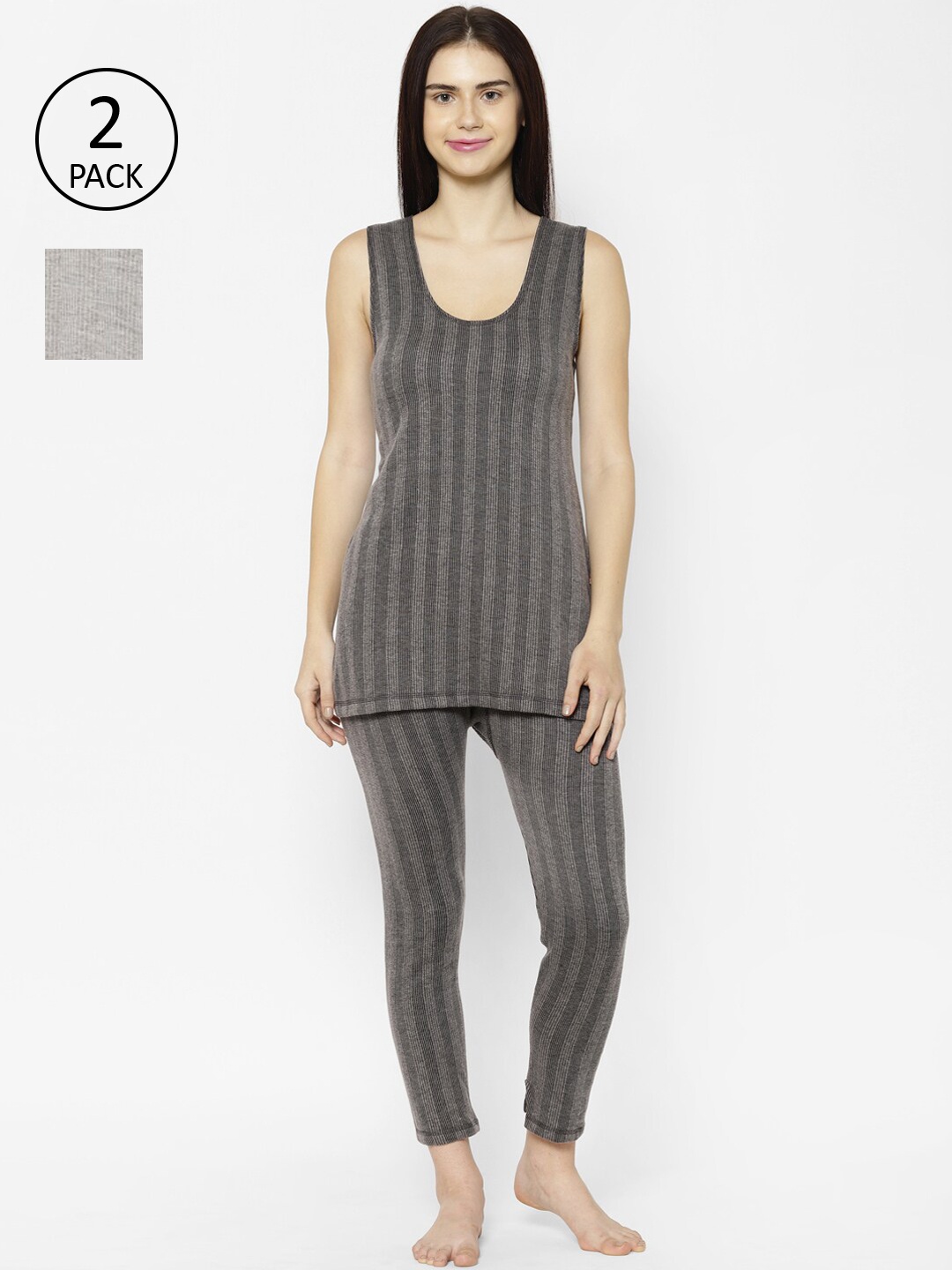 

VIMAL JONNEY Women Pack Of 2 Striped Thermal Set, Charcoal