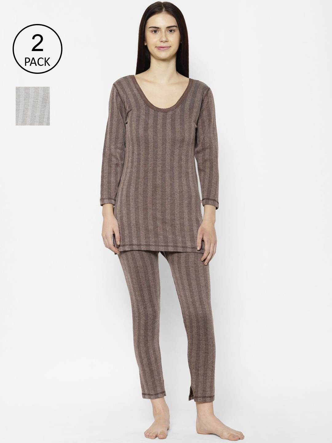 

VIMAL JONNEY Women Pack Of 2 Striped Thermal Set, Brown