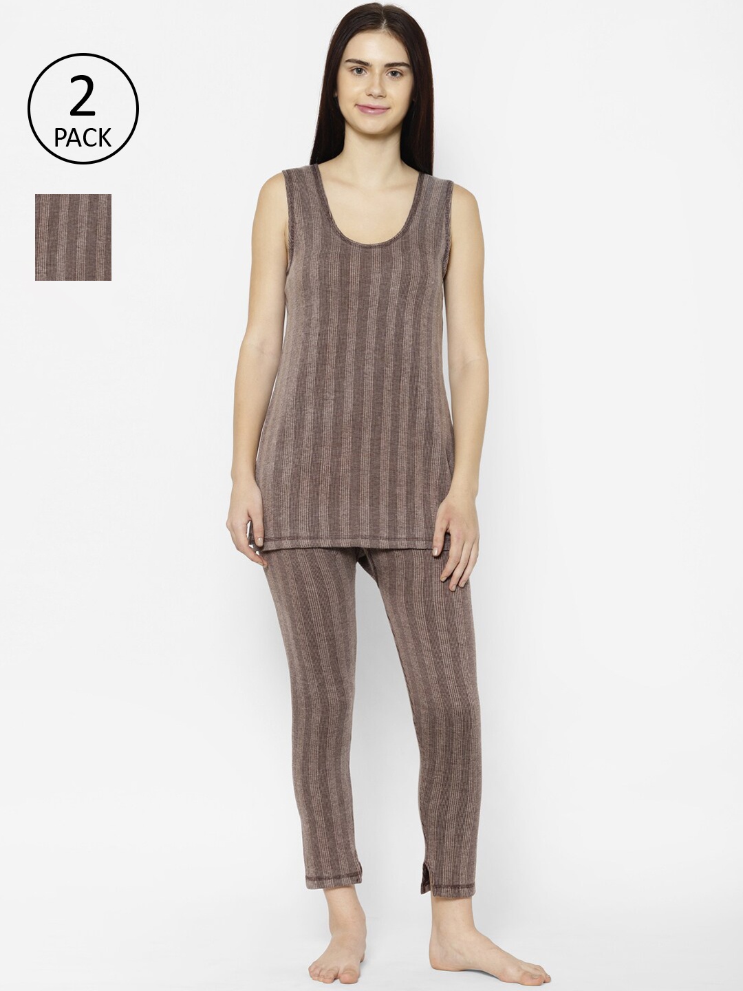 

VIMAL JONNEY Women Pack Of 2 Brown Striped Thermal Set