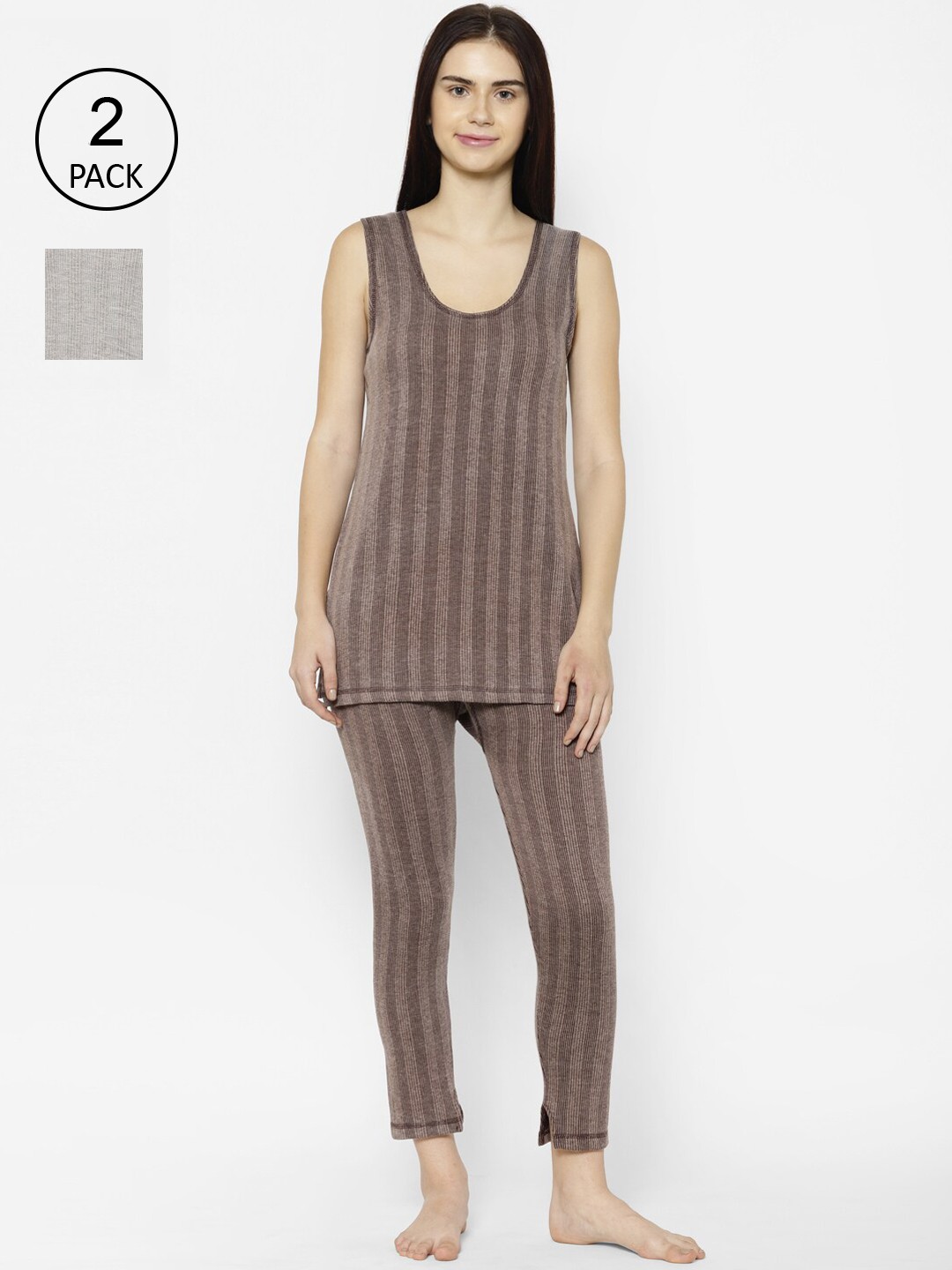 

VIMAL JONNEY Women Pack Of 2 Striped Thermal Set, Brown
