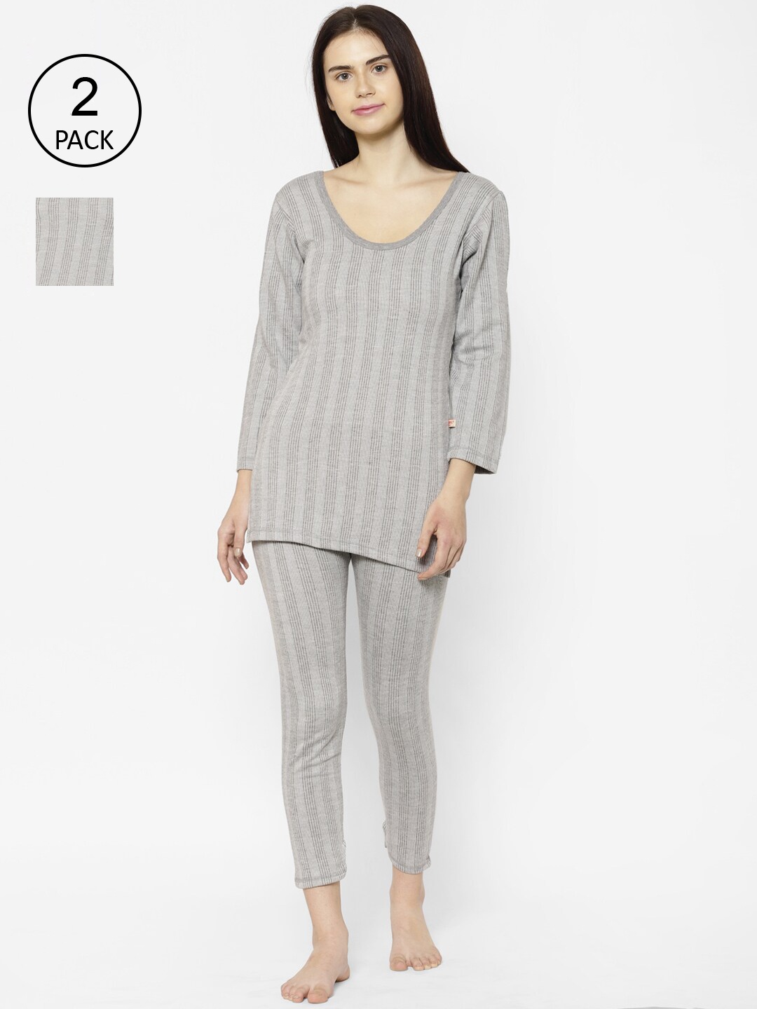 

VIMAL JONNEY Women Pack Of 2 Grey Striped Thermal Set