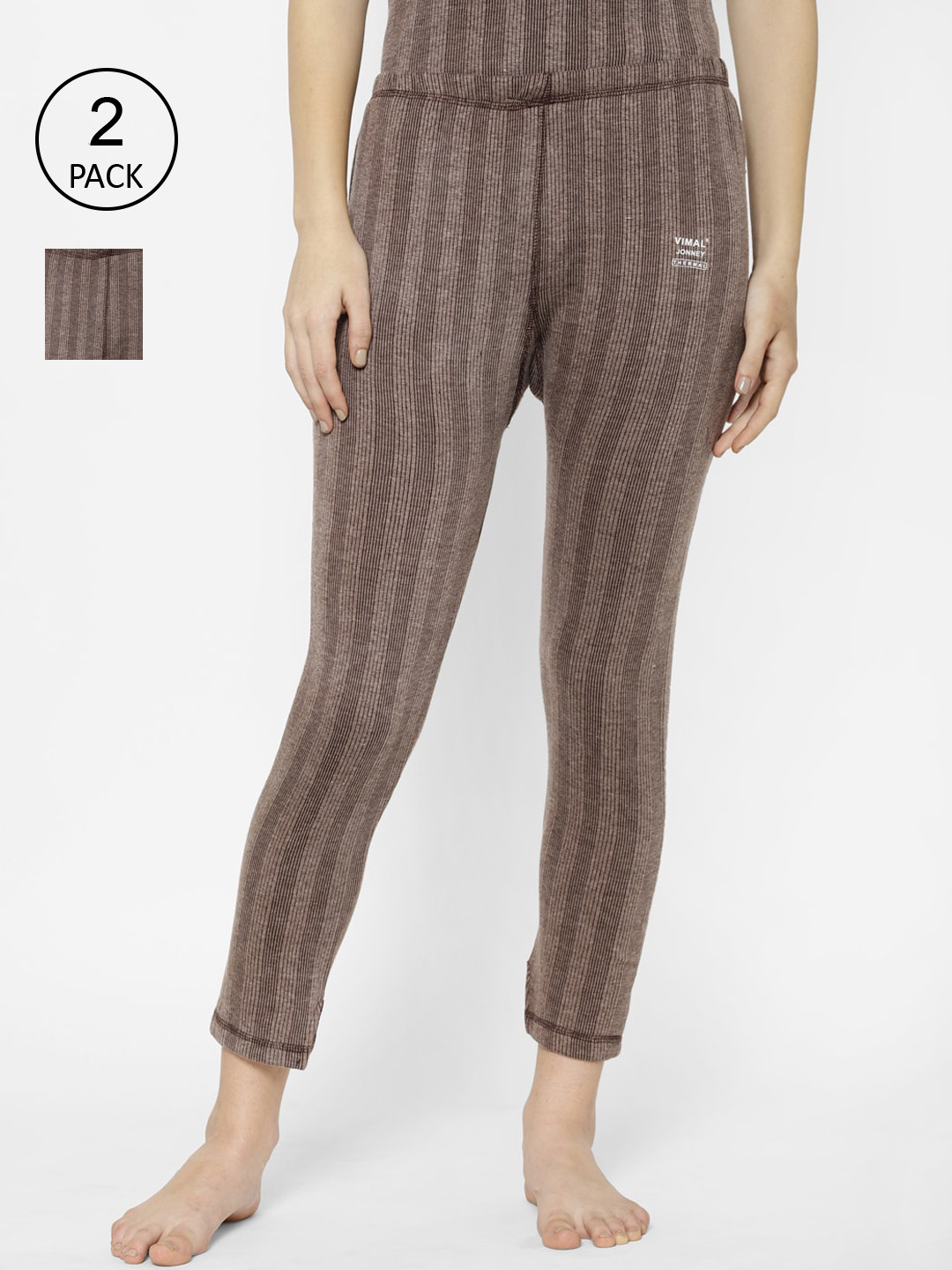 

VIMAL JONNEY Women Pack Of 2 Brown Striped Thermal Bottoms