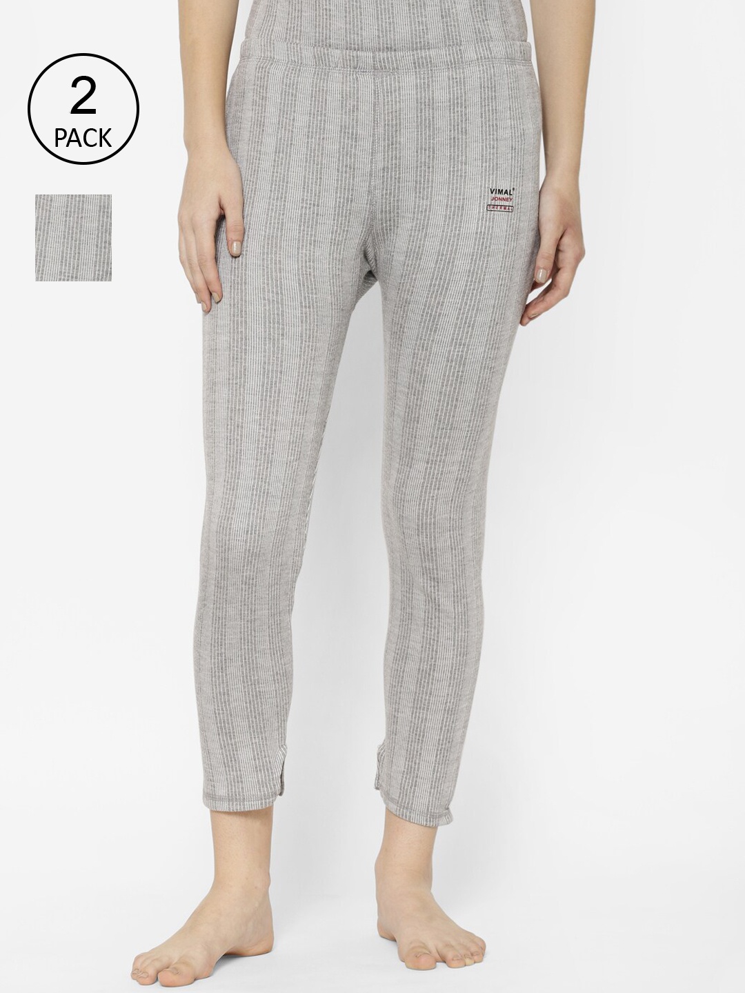 

VIMAL JONNEY Women Pack Of 2 Grey Striped Thermal Bottoms