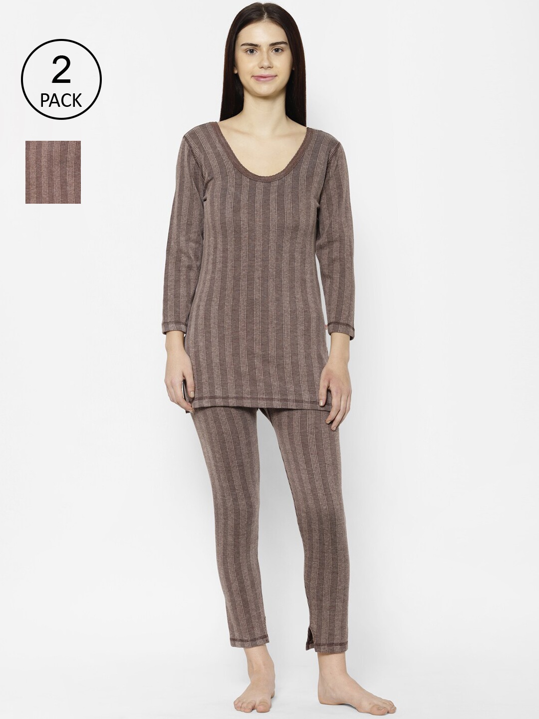 

VIMAL JONNEY Women Pack Of 2 Striped Thermal Set, Brown