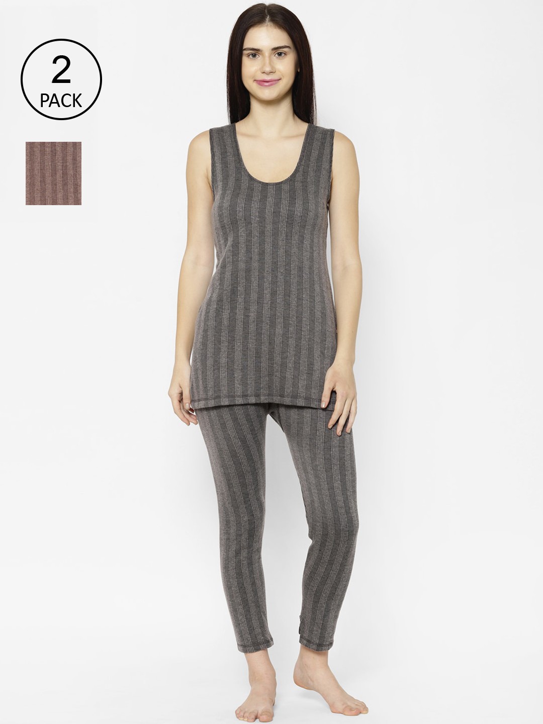 

VIMAL JONNEY Women Pack Of 2 Striped Thermal Set, Black