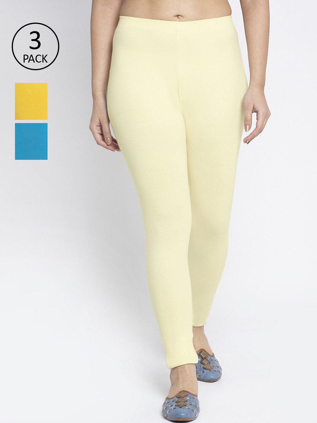 

GRACIT Women Pack Of 3 Solid Ankle-Length Leggings, Yellow