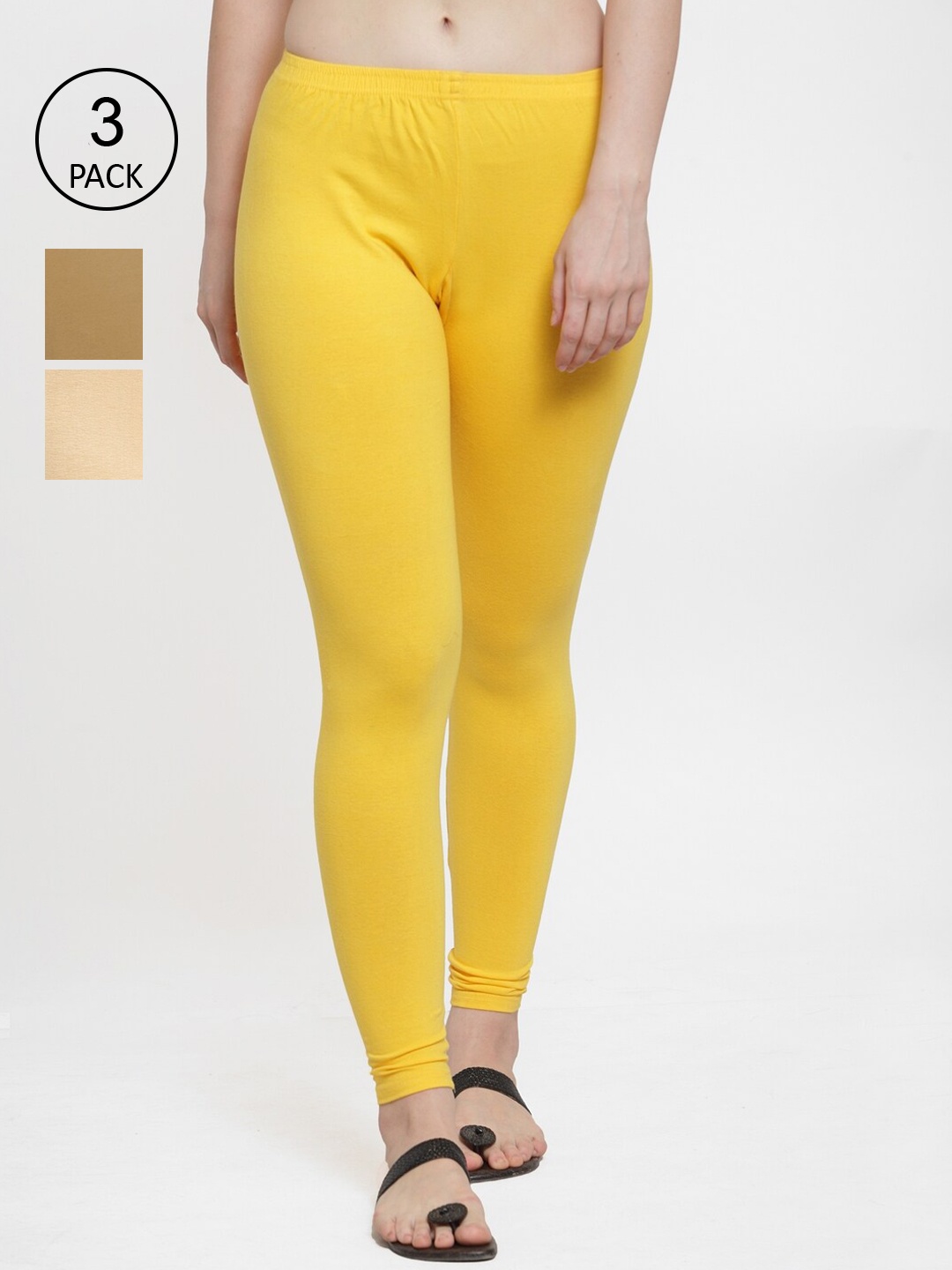 

GRACIT Women Pack Of 3 Solid Ankle-Length Leggings, Yellow
