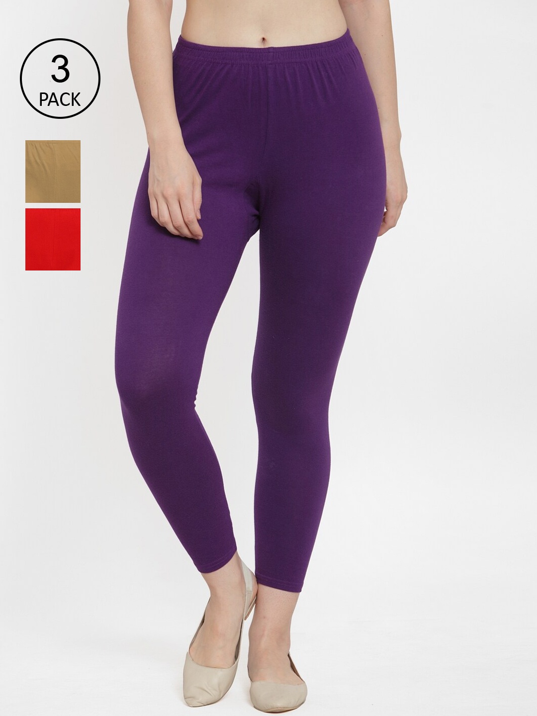 

GRACIT Women Pack Of 3 Solid Ankle-Length Leggings, Red