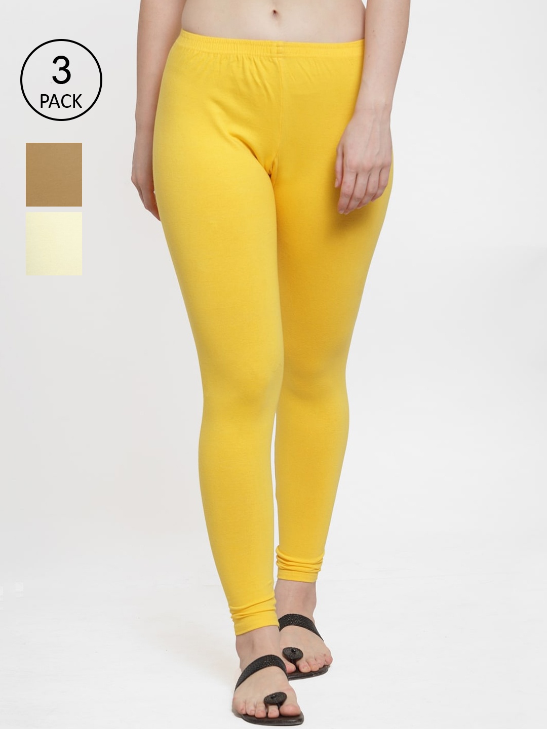 

GRACIT Women Pack Of 3 Solid Ankle-Length Leggings, Yellow