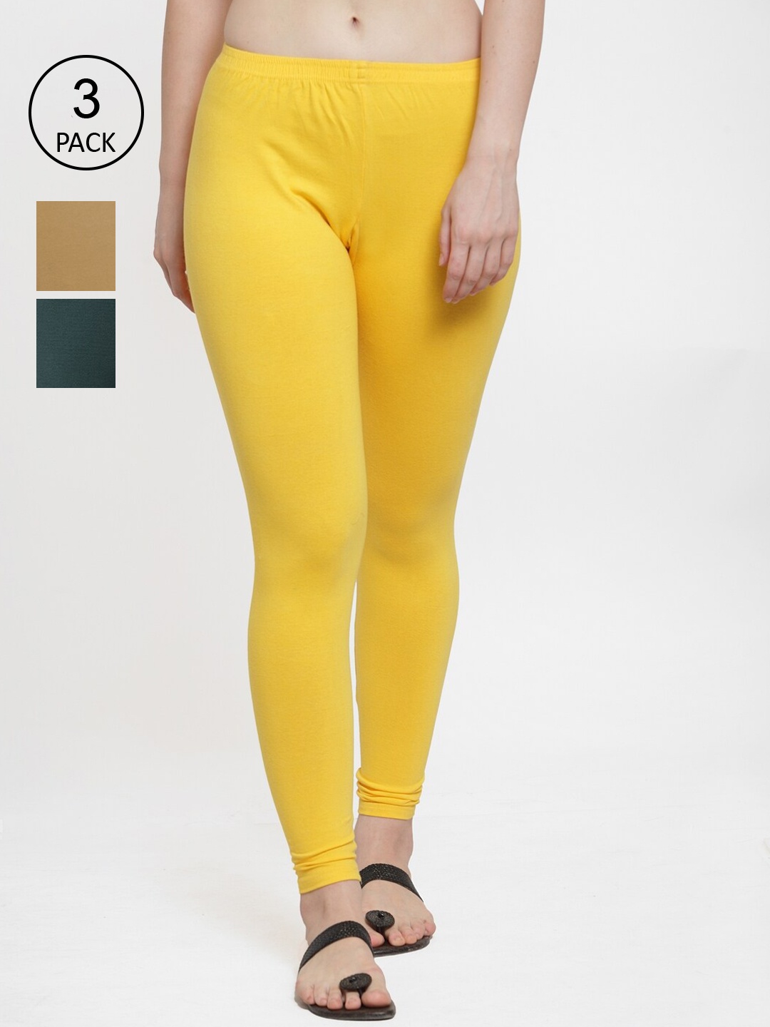 

GRACIT Women Set of 3 Cotton Lycra Leggings, Yellow