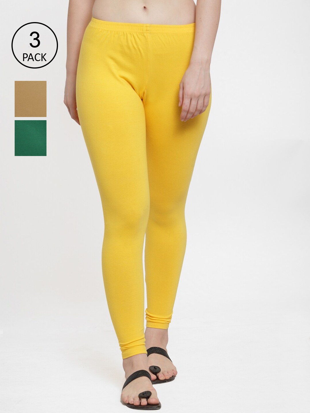 

GRACIT Women Pack Of 3 Solid Ankle-Length Leggings, Yellow