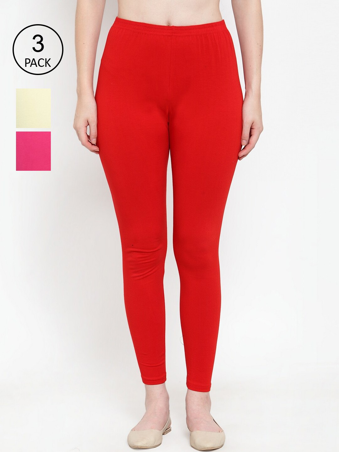 

GRACIT Women Pack of 3 Solid Super Combed Cotton Ankle-Length Leggings, Red