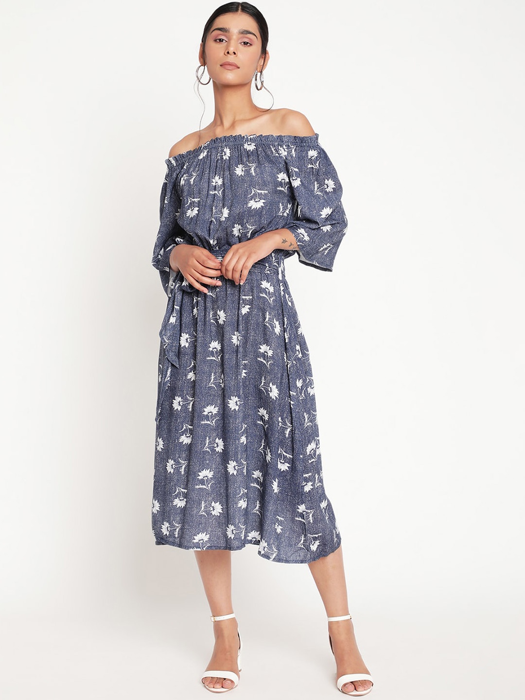 

The Vanca Women Grey & White Floral Off-Shoulder Midi Dress