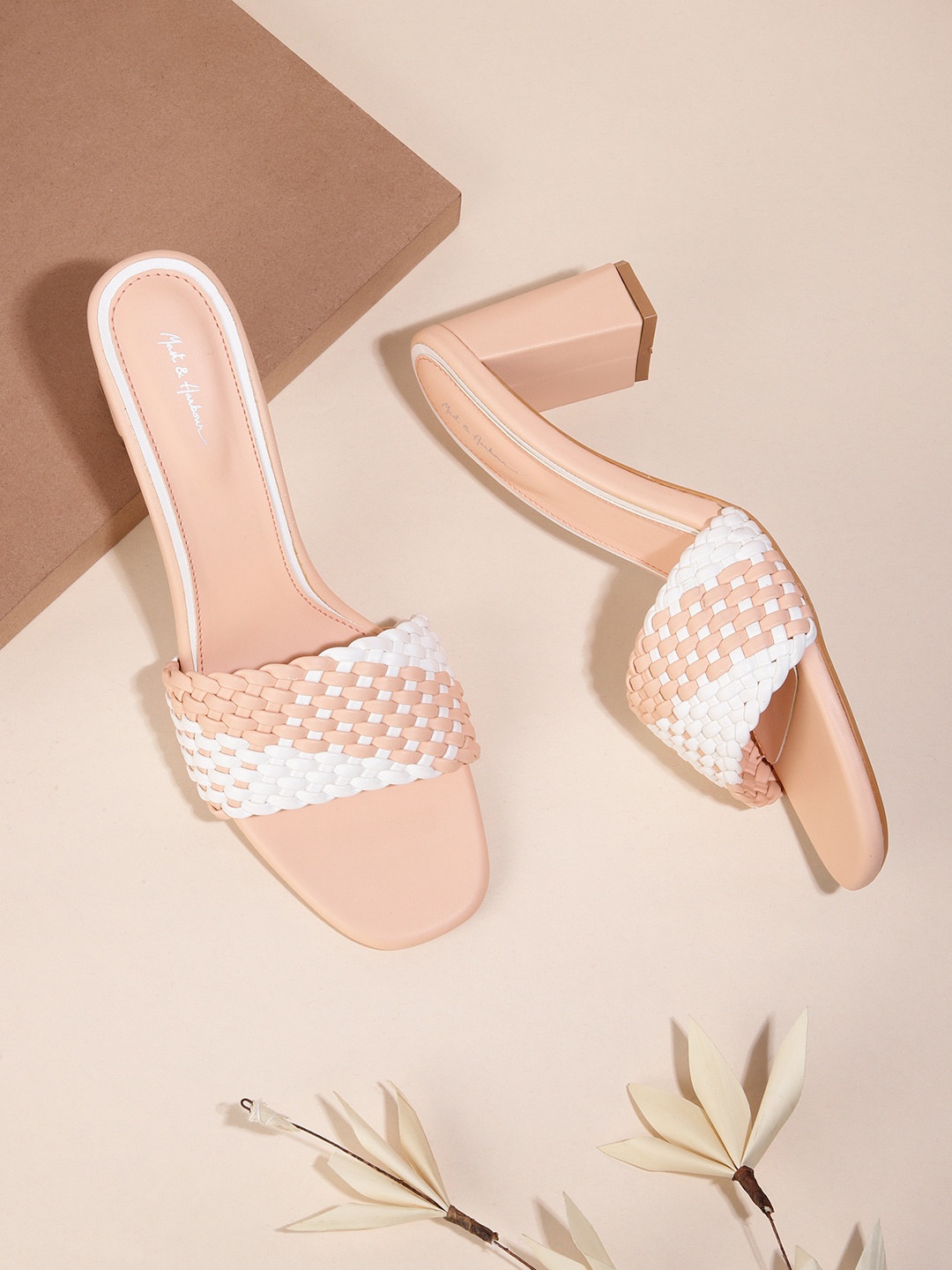 

Mast & Harbour Women Peach-Coloured & White Braided Woven Design Block Heels