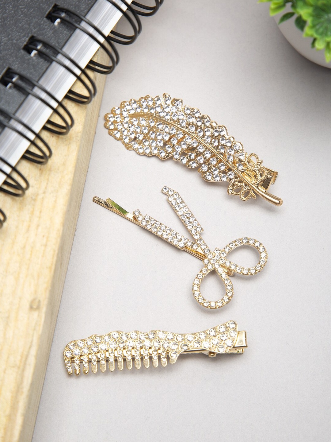 

YouBella Women Set of 3 Gold & White Embellished Crystal Studded Bobby Pins