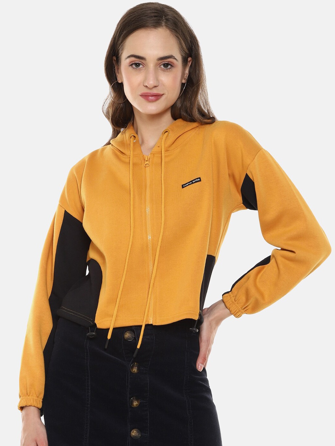

Campus Sutra Women Yellow & Black Colourblocked Hooded Sweatshirt