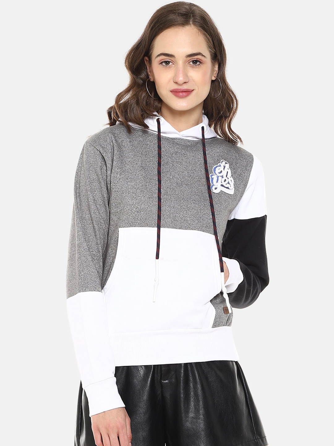 

Campus Sutra Women Grey & White Colourblocked Hooded Sweatshirt