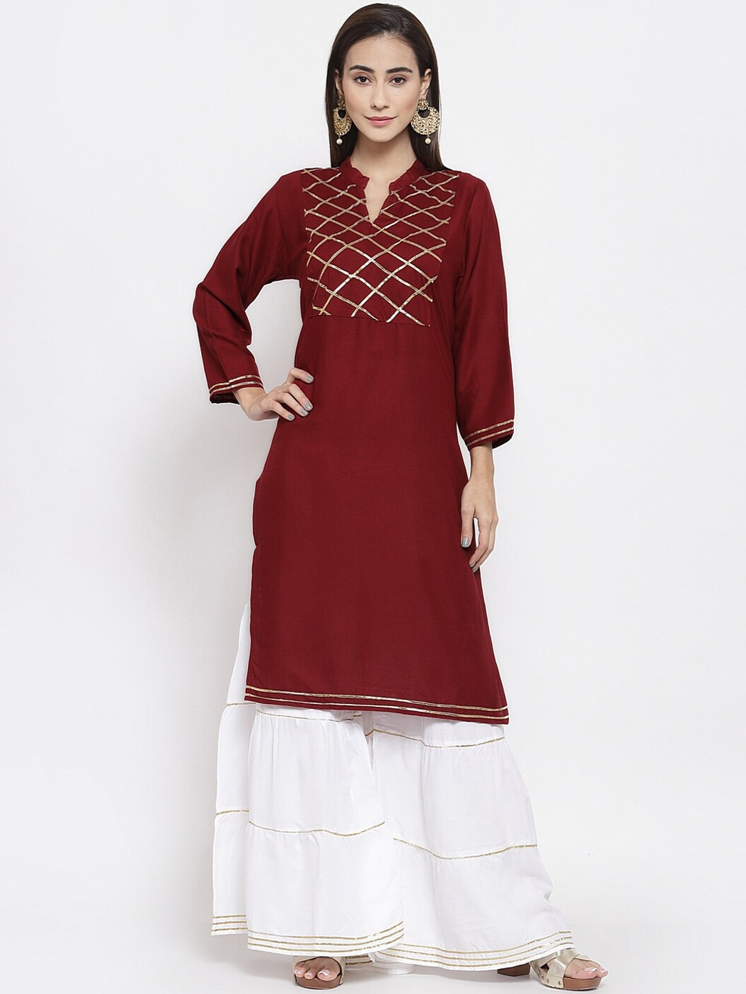 

FERANOID Women Red & White Gotta Work Kurta with Palazzo