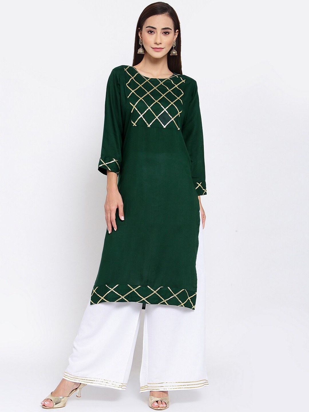 

FERANOID Women Green & White Gotta Work Kurta with Palazzo