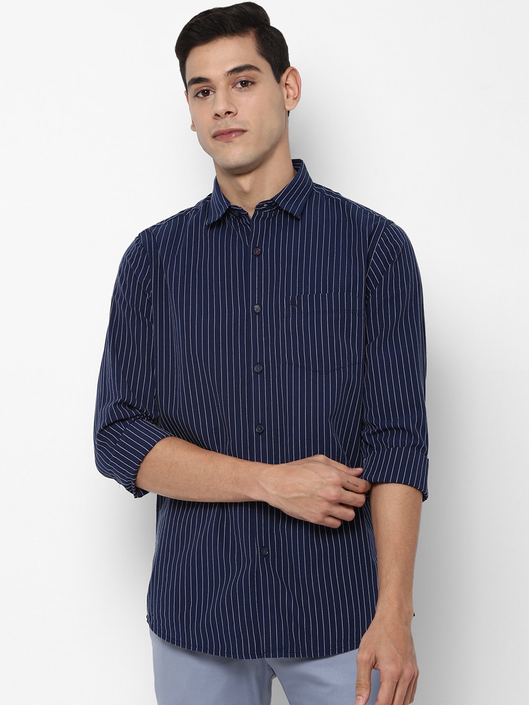 

Allen Solly Men Navy Blue Slim Fit Striped Casual Shirt