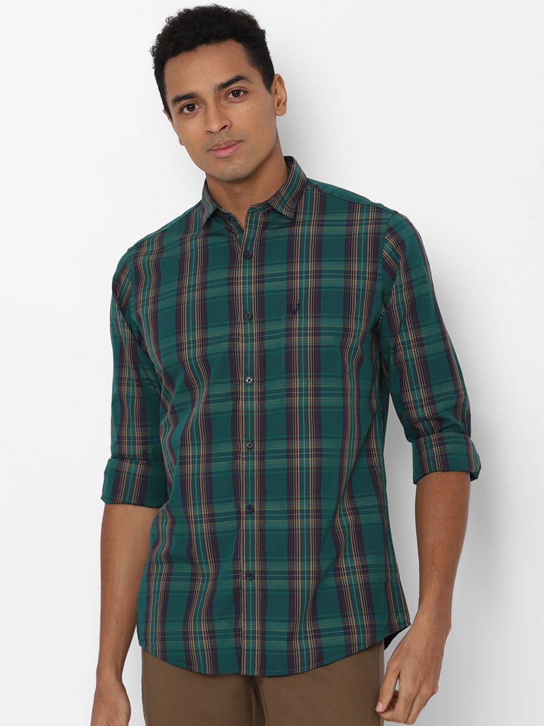 

Allen Solly Men Green & Yellow Slim Fit Opaque Checked Cotton Casual Shirt