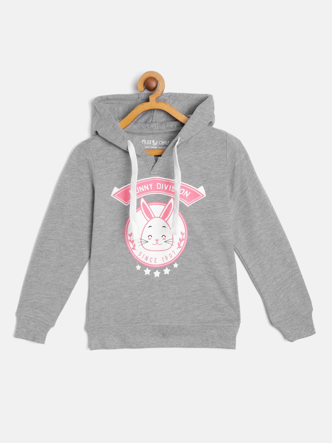 

Miss & Chief Girls Grey Melange & White Pure Cotton Bunny Print Hooded Sweatshirt