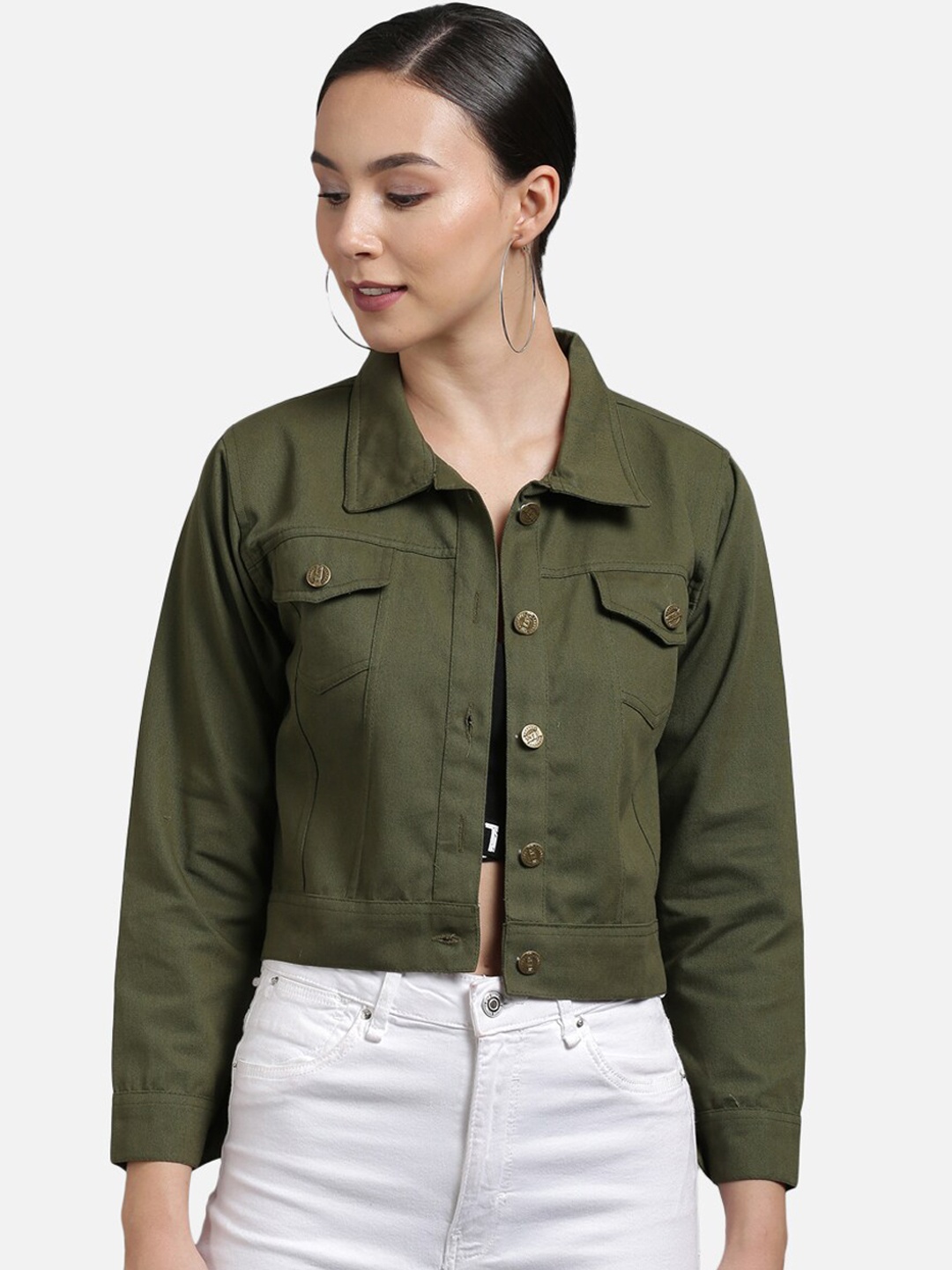 

FurryFlair Women Green Crop Denim Jacket