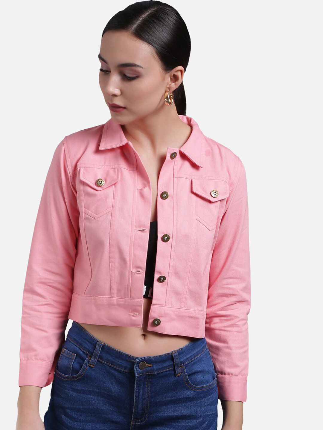 

FurryFlair Women Pink Crop Denim Jacket