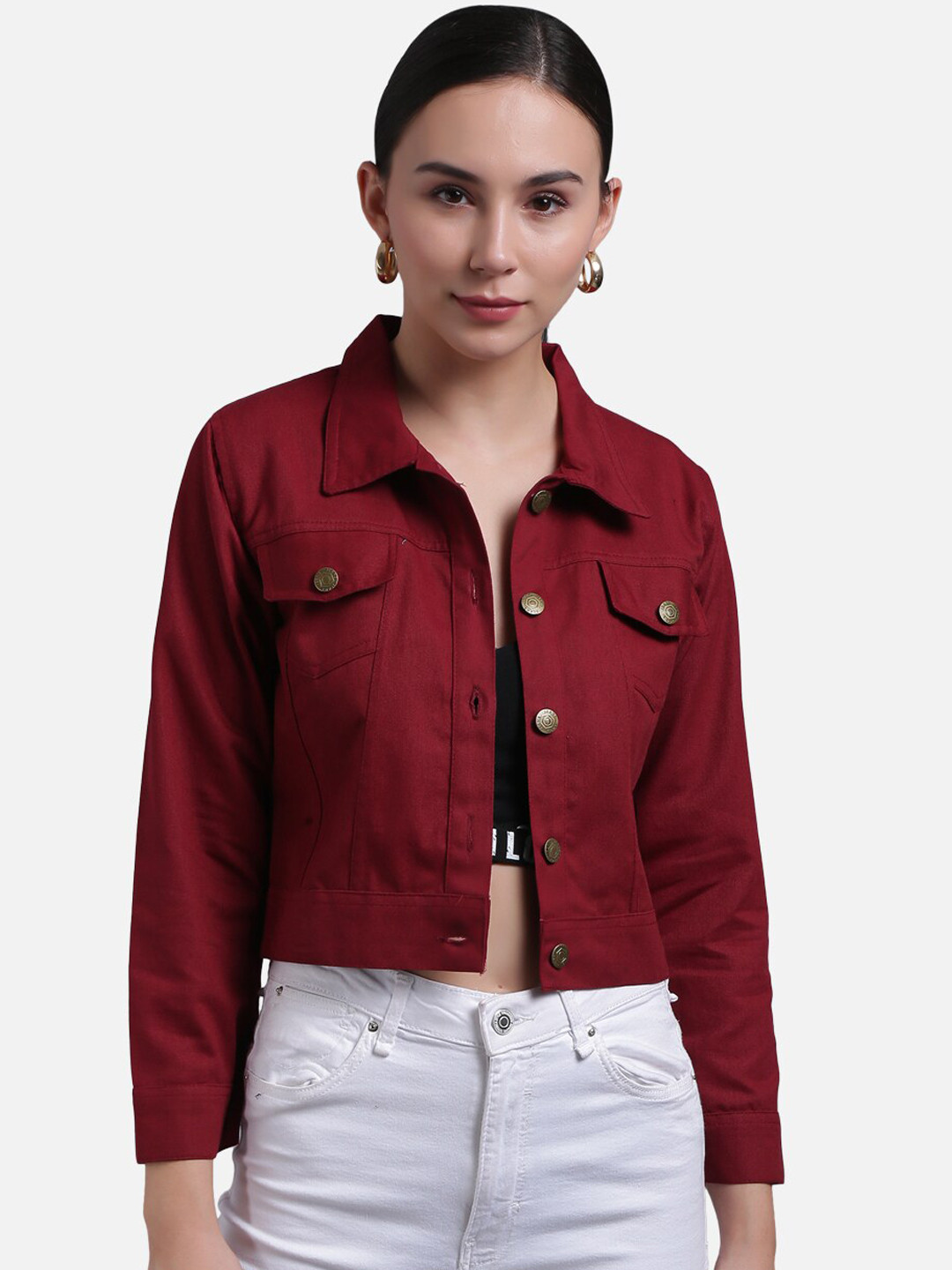 

FurryFlair Women Maroon Crop Denim Jacket