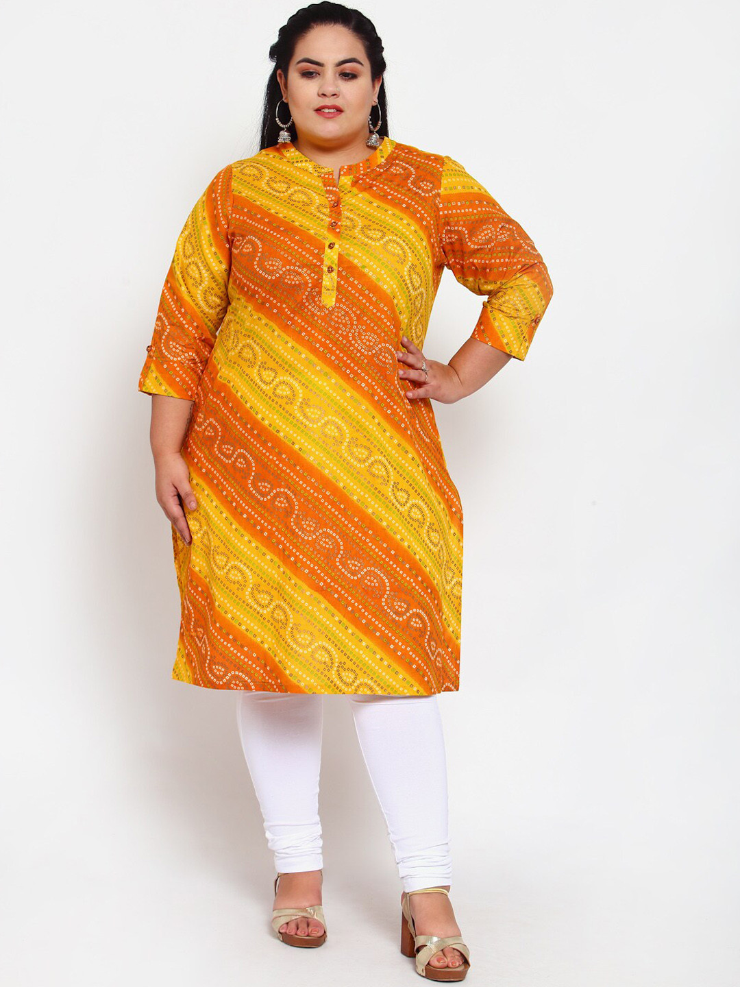 

plusS Women Orange & Yellow Bandhani Printed Kurta