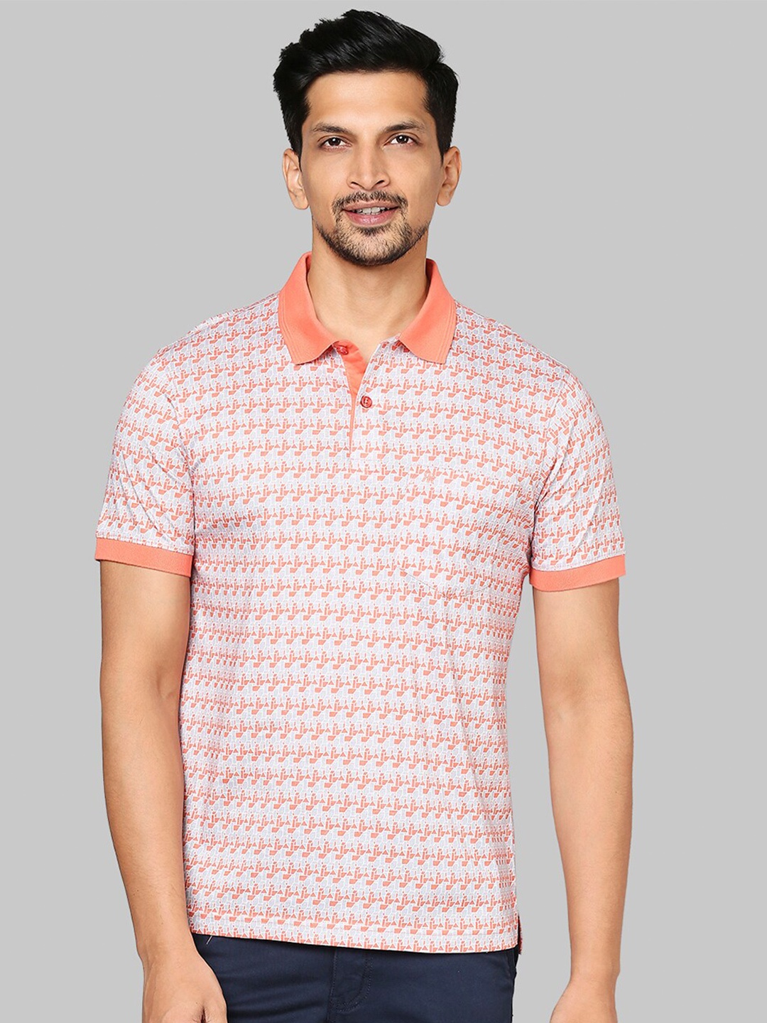 

Raymond Men Orange & White Printed Polo Collar T-shirt