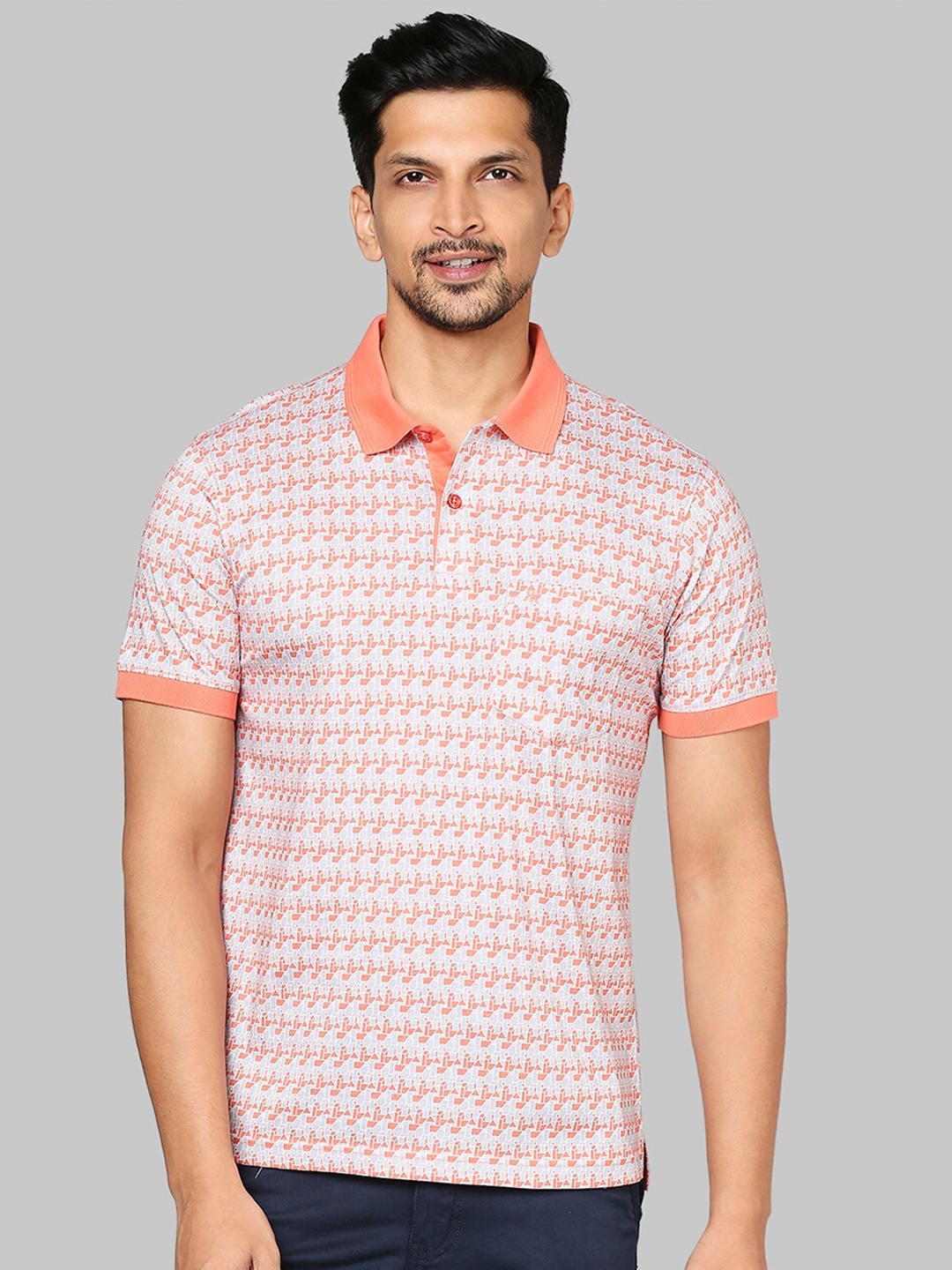 

Raymond Men Orange & White Printed Polo Collar T-shirt