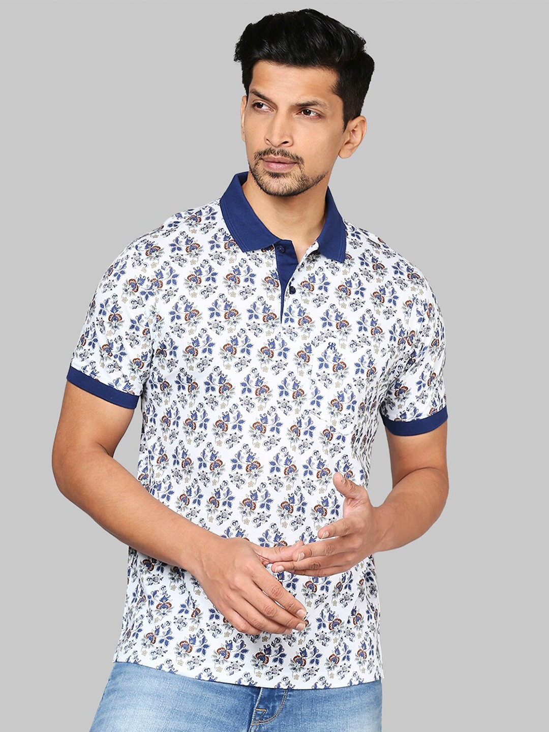 

Raymond Men White & Blue Floral Printed Polo Collar T-shirt