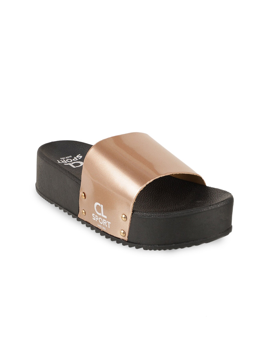 

Carlton London sports Women Gold-Toned & Black Rubber Sliders