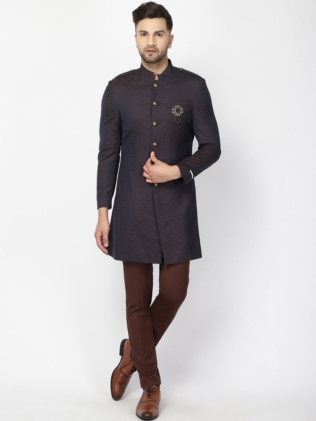 

Blackberrys Men Brown & Navy Blue Self Design Slim-Fit Two-Piece Ethnic Suit