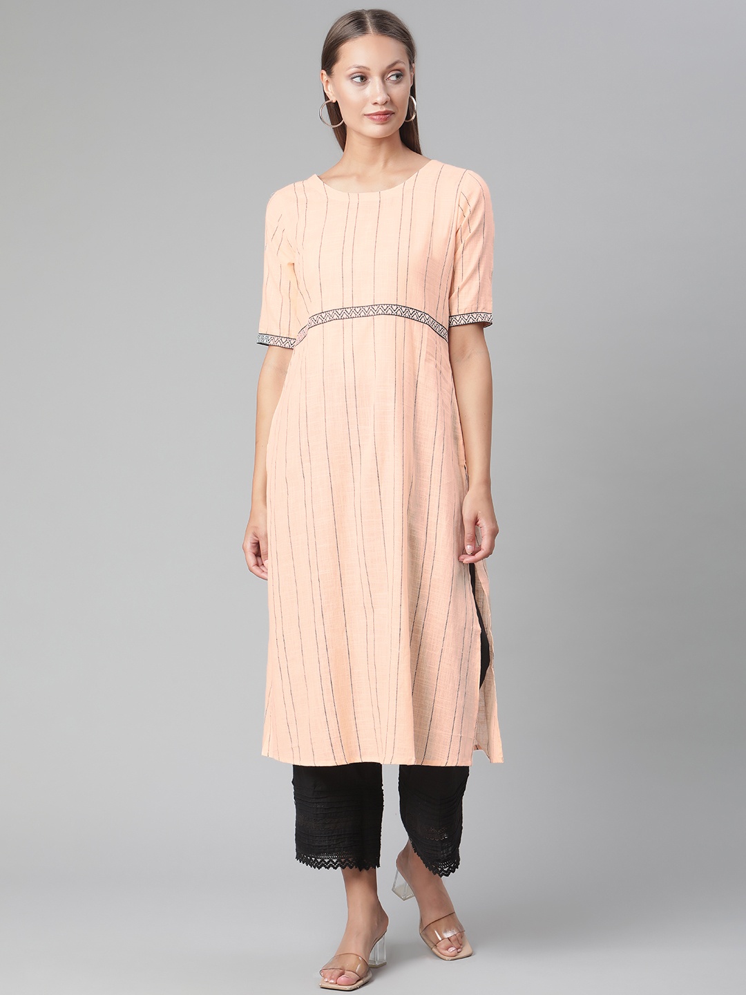

Laado - Pamper Yourself Women Peach-Coloured Striped Handloom Kurta