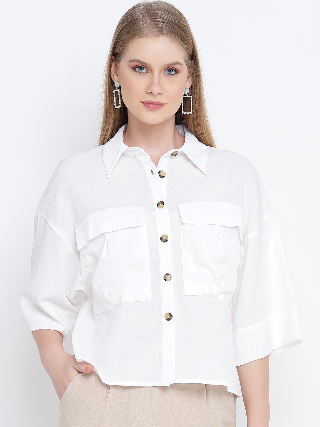 

Oxolloxo Women White Boxy Opaque Casual Shirt