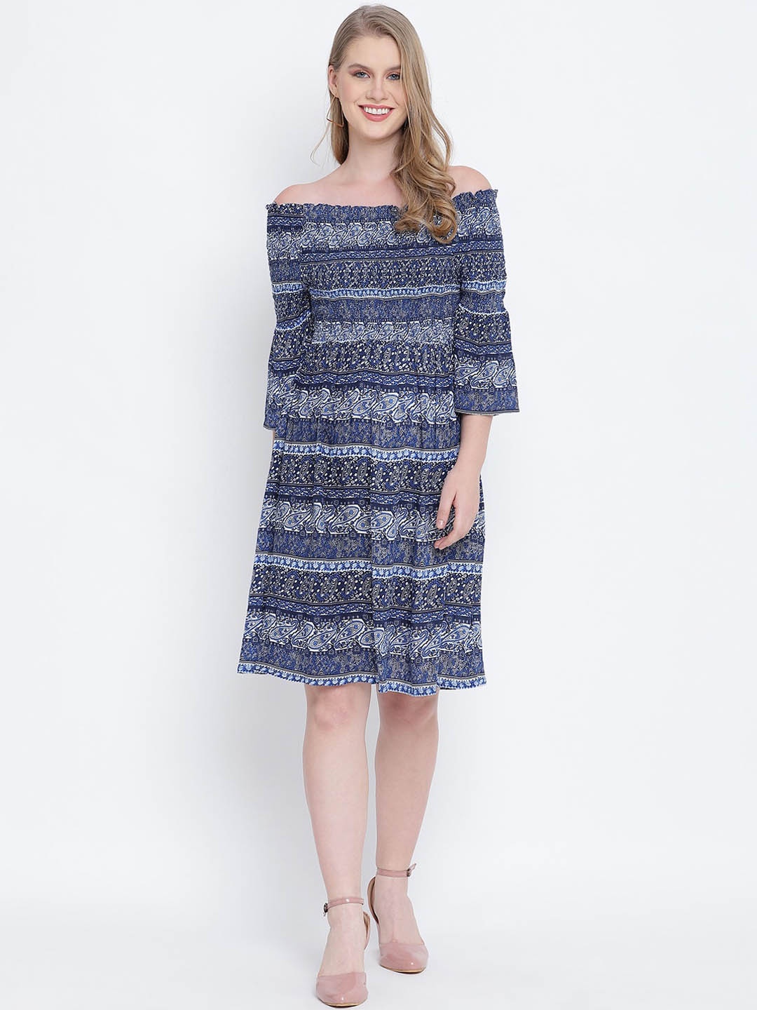 

Oxolloxo Blue Ethnic Motifs Off-Shoulder Crepe Dress