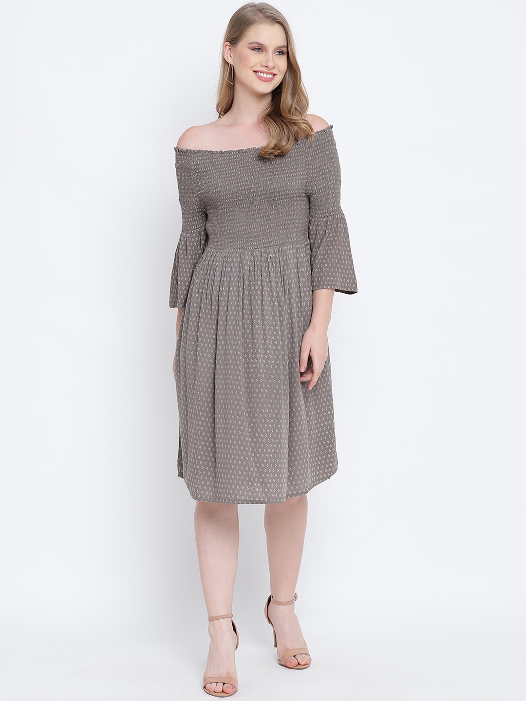 

Oxolloxo Grey Ethnic Motifs Off-Shoulder Crepe Dress