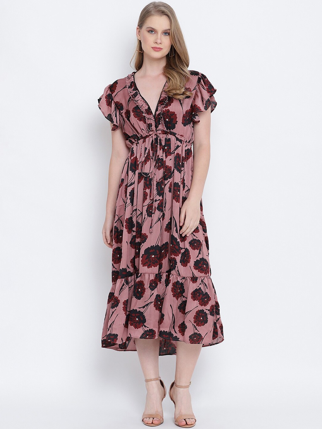 

Oxolloxo Brown & Maroon Floral Satin Midi Dress