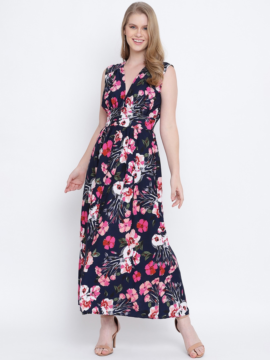 

Oxolloxo Navy Blue & White Tropical Satin Maxi Dress