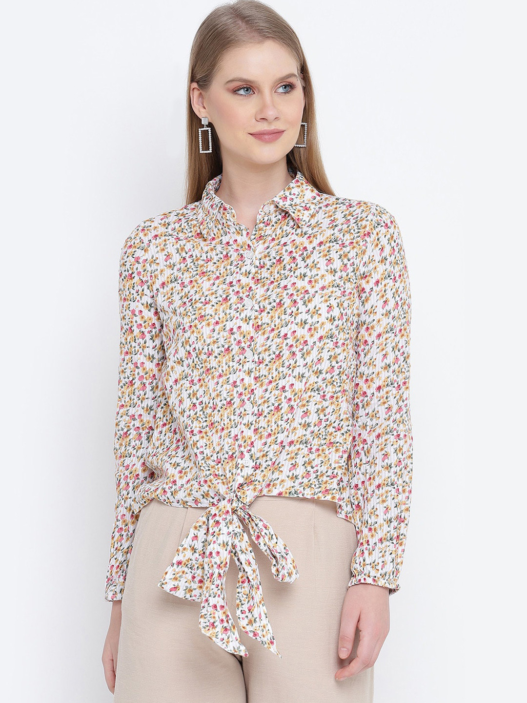 

Oxolloxo Women Off White Floral Opaque Printed Casual Shirt