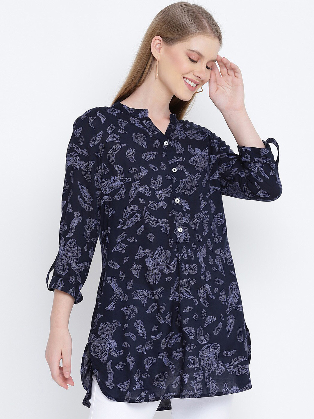 

Oxolloxo Women Navy Blue Viscose Rayon Mandarin Collar Printed Tunic